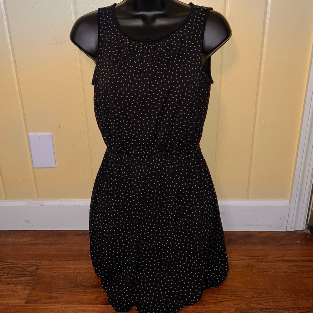 LOFT Black & Tan Polka Dot Sleeveless Mini Dress Rayon & Lyocell Size S Petite - Picture 2 of 11